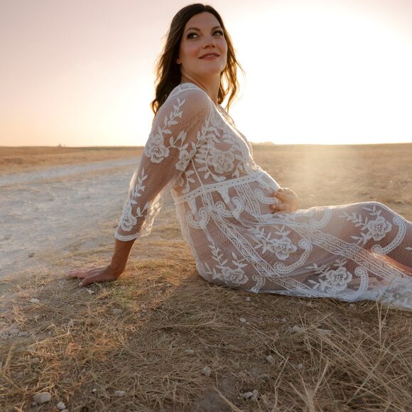 Long Sleeve White Lace Floral Maternity Maxi Photoshoot Dress w/ Tan Slip Dress - Picture 3 of 6